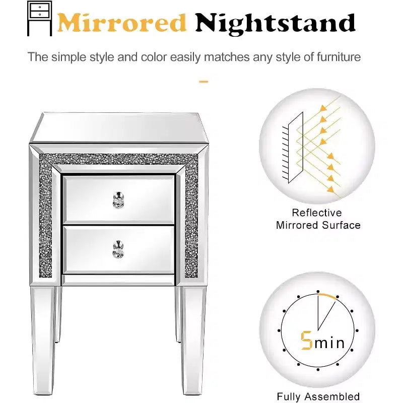VINGLI Mirror Nightstand with Drawer, Silver Mirrored Glass End Table, Crushed Diamond Glitter