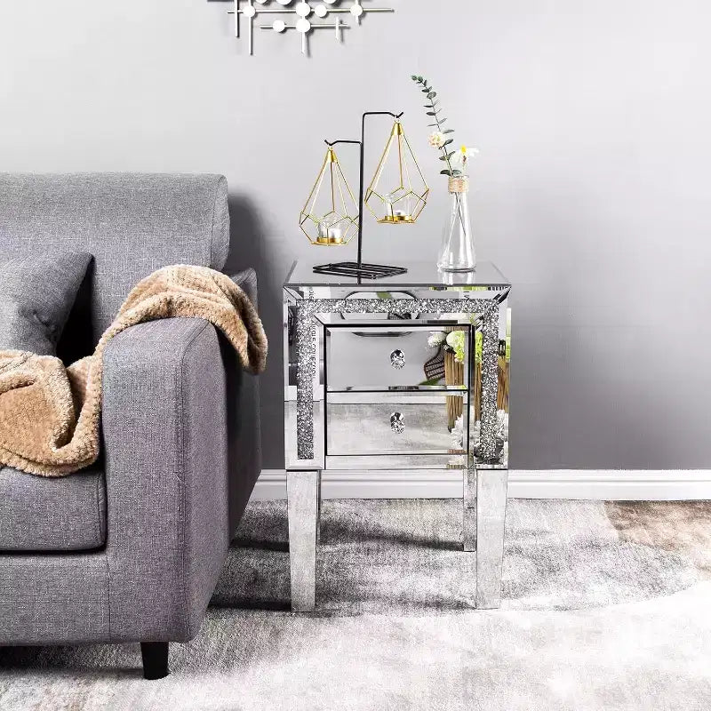 VINGLI Mirror Nightstand with Drawer, Silver Mirrored Glass End Table, Crushed Diamond Glitter
