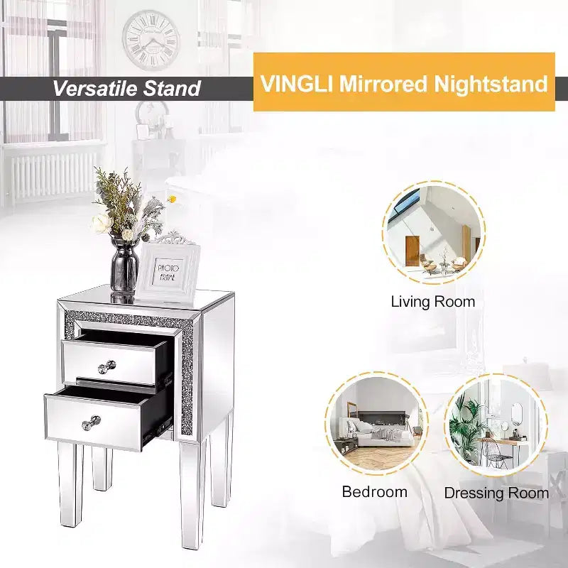 VINGLI Mirror Nightstand with Drawer, Silver Mirrored Glass End Table, Crushed Diamond Glitter