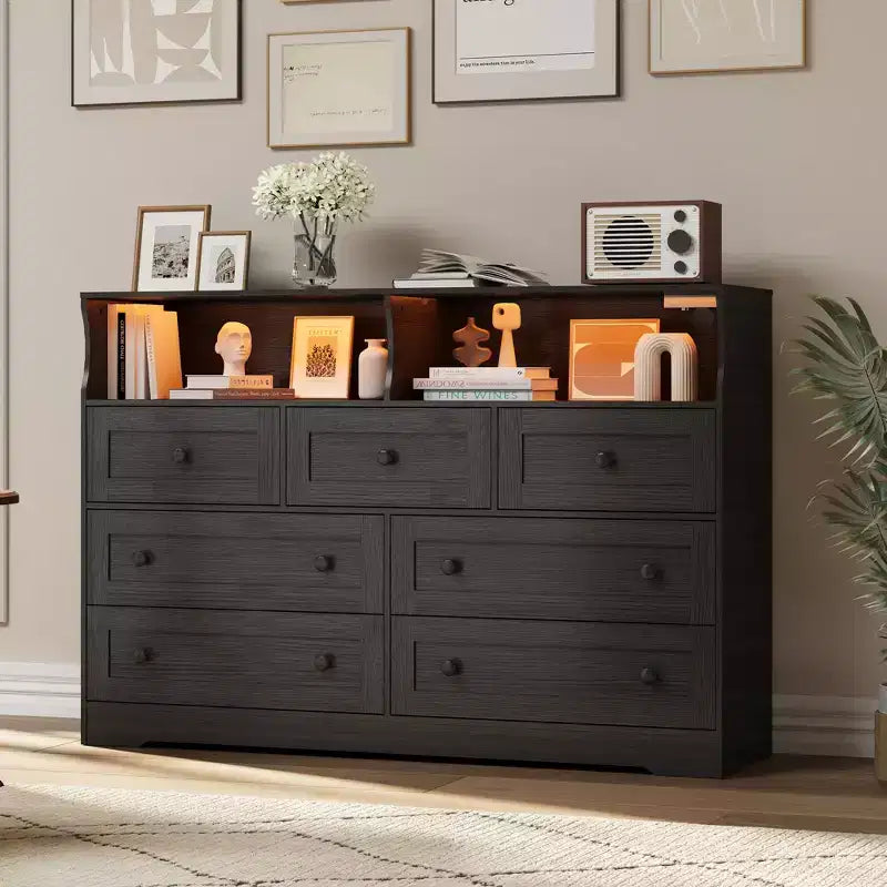 7 Drawer Dresser for Bedroom with LED Lights, Wooden Chest of Drawers with 2 Open Compartments and Charging Station for Closet, Entryway
