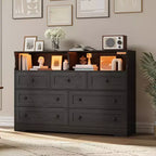 7 Drawer Dresser for Bedroom with LED Lights, Wooden Chest of Drawers with 2 Open Compartments and Charging Station for Closet, Entryway