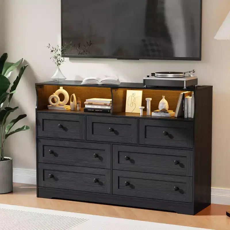 7 Drawer Dresser for Bedroom with LED Lights, Wooden Chest of Drawers with 2 Open Compartments and Charging Station for Closet, Entryway