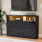 7 Drawer Dresser for Bedroom with LED Lights, Wooden Chest of Drawers with 2 Open Compartments and Charging Station for Closet, Entryway