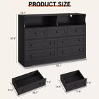 7 Drawer Dresser for Bedroom with LED Lights, Wooden Chest of Drawers with 2 Open Compartments and Charging Station for Closet, Entryway