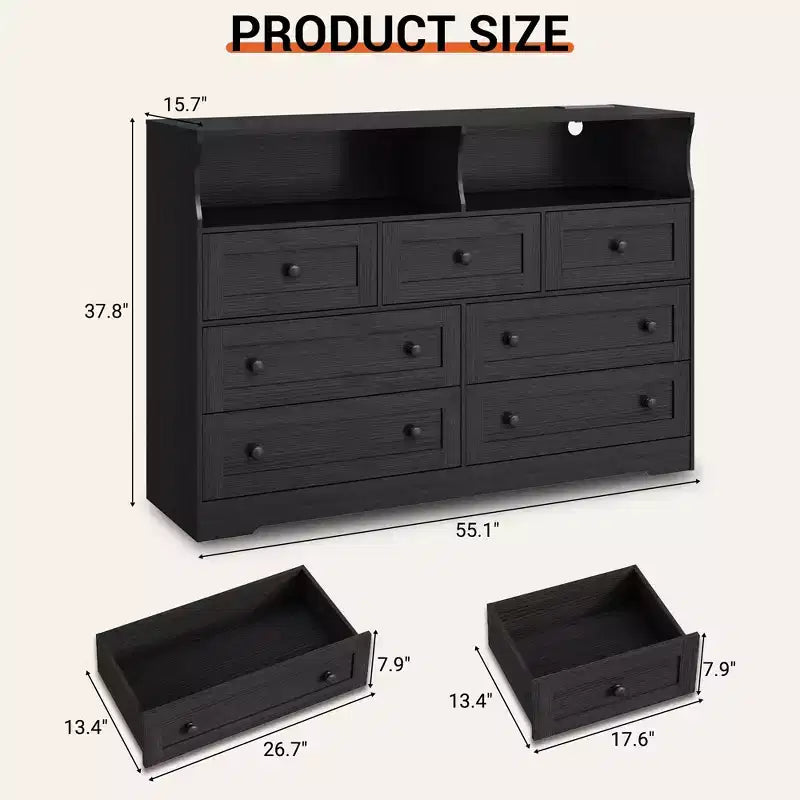 7 Drawer Dresser for Bedroom with LED Lights, Wooden Chest of Drawers with 2 Open Compartments and Charging Station for Closet, Entryway