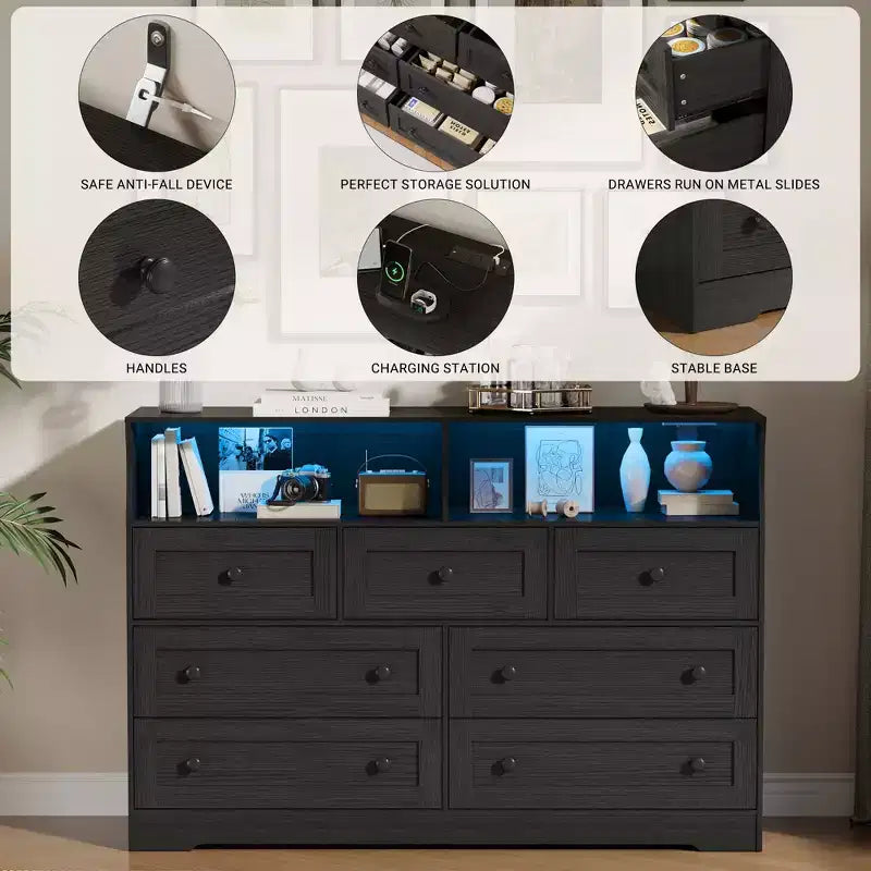 7 Drawer Dresser for Bedroom with LED Lights, Wooden Chest of Drawers with 2 Open Compartments and Charging Station for Closet, Entryway