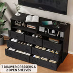 7 Drawer Dresser for Bedroom with LED Lights, Wooden Chest of Drawers with 2 Open Compartments and Charging Station for Closet, Entryway