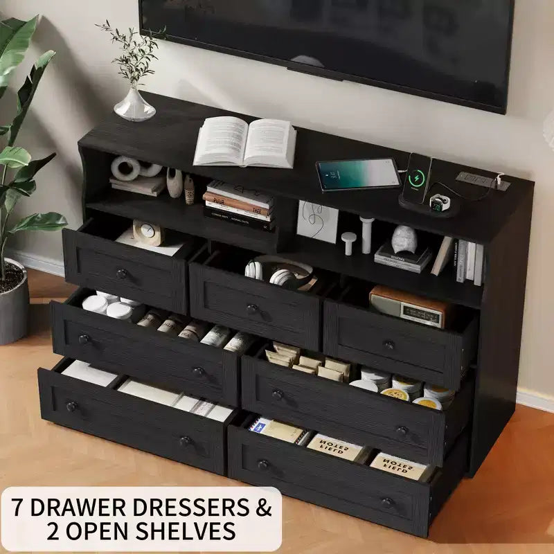7 Drawer Dresser for Bedroom with LED Lights, Wooden Chest of Drawers with 2 Open Compartments and Charging Station for Closet, Entryway