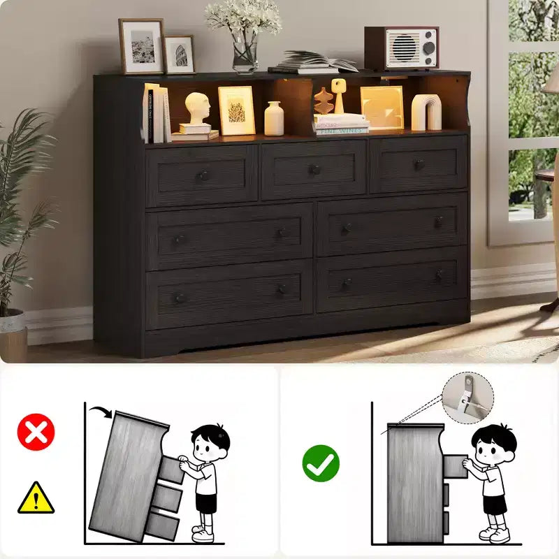 7 Drawer Dresser for Bedroom with LED Lights, Wooden Chest of Drawers with 2 Open Compartments and Charging Station for Closet, Entryway