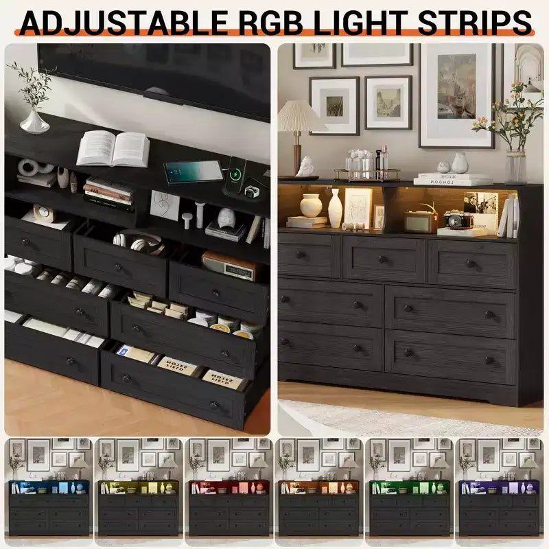 7 Drawer Dresser for Bedroom with LED Lights, Wooden Chest of Drawers with 2 Open Compartments and Charging Station for Closet, Entryway