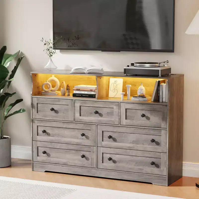 7 Drawer Dresser for Bedroom with LED Lights, Wooden Chest of Drawers with 2 Open Compartments and Charging Station for Closet, Entryway