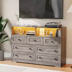 7 Drawer Dresser for Bedroom with LED Lights, Wooden Chest of Drawers with 2 Open Compartments and Charging Station for Closet, Entryway