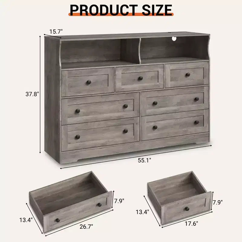 7 Drawer Dresser for Bedroom with LED Lights, Wooden Chest of Drawers with 2 Open Compartments and Charging Station for Closet, Entryway