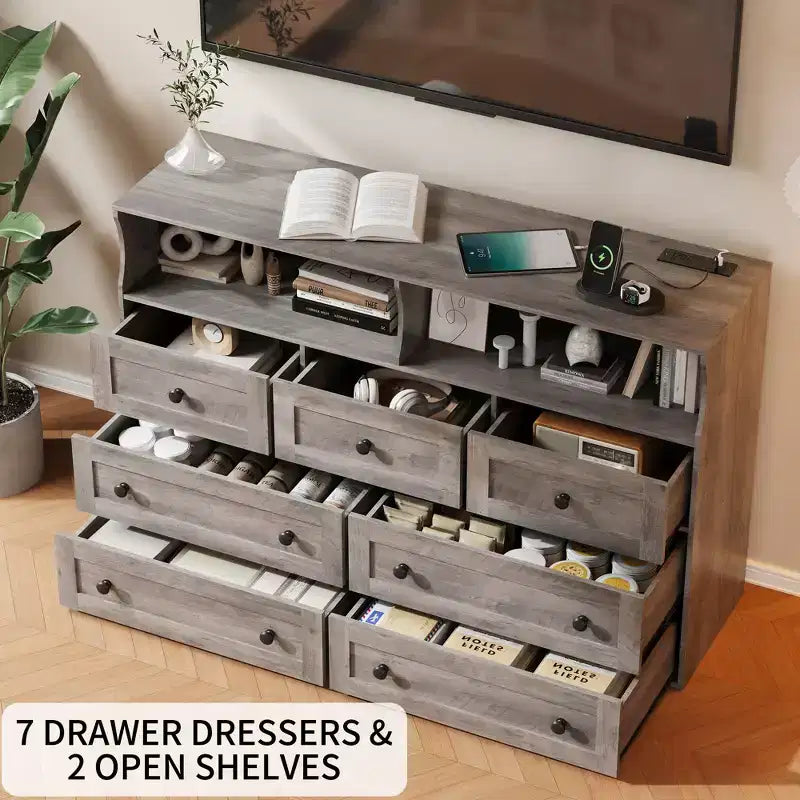7 Drawer Dresser for Bedroom with LED Lights, Wooden Chest of Drawers with 2 Open Compartments and Charging Station for Closet, Entryway