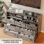 7 Drawer Dresser for Bedroom with LED Lights, Wooden Chest of Drawers with 2 Open Compartments and Charging Station for Closet, Entryway