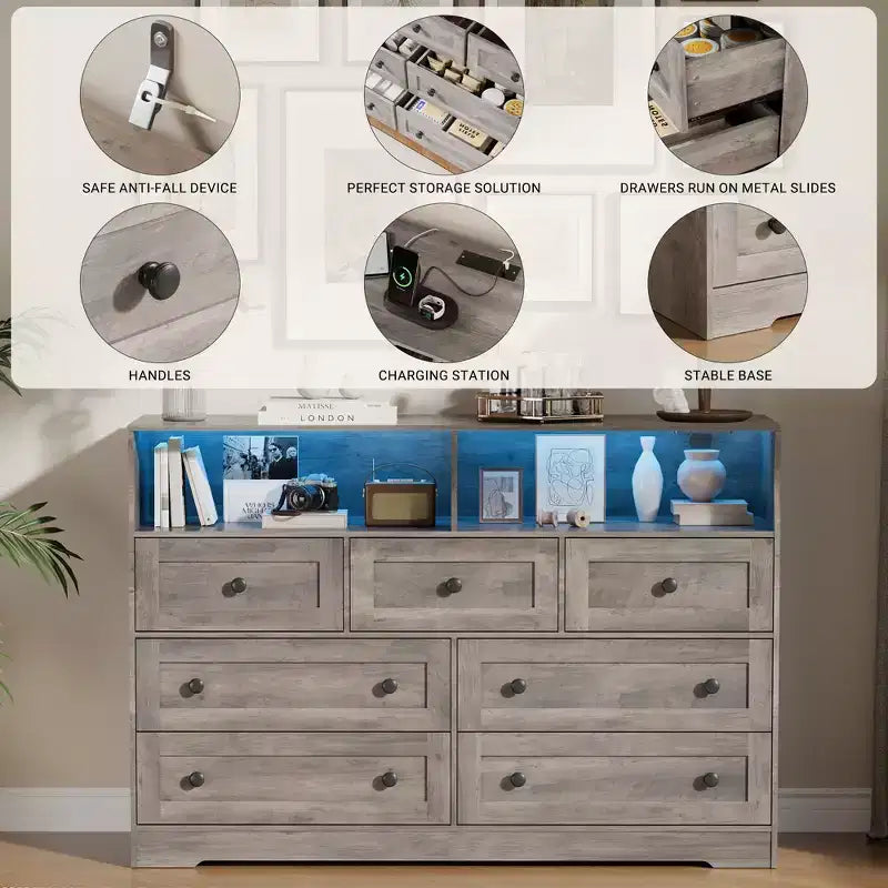 7 Drawer Dresser for Bedroom with LED Lights, Wooden Chest of Drawers with 2 Open Compartments and Charging Station for Closet, Entryway