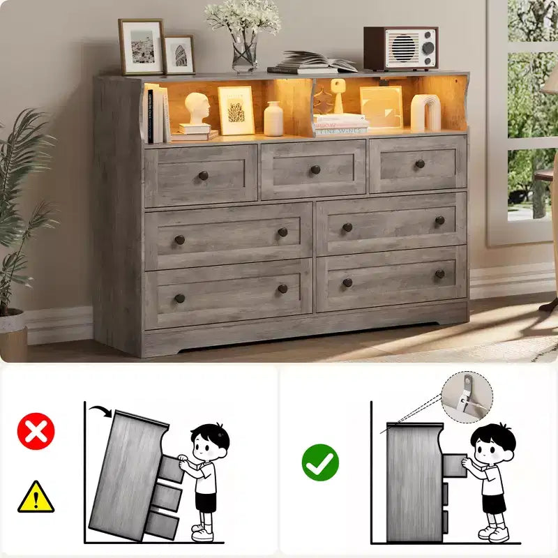 7 Drawer Dresser for Bedroom with LED Lights, Wooden Chest of Drawers with 2 Open Compartments and Charging Station for Closet, Entryway