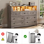 7 Drawer Dresser for Bedroom with LED Lights, Wooden Chest of Drawers with 2 Open Compartments and Charging Station for Closet, Entryway