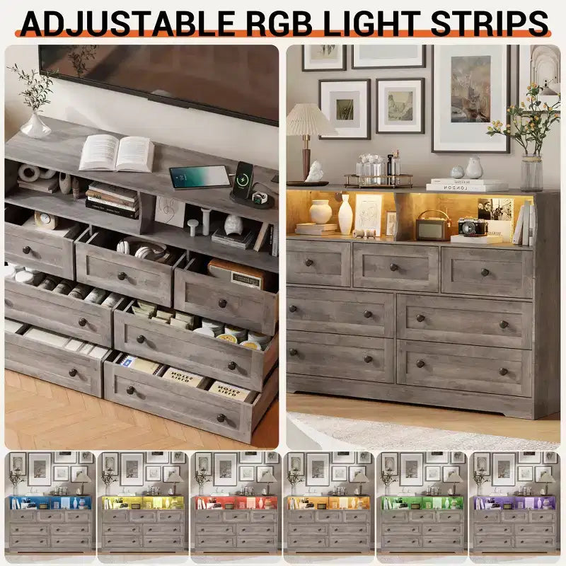 7 Drawer Dresser for Bedroom with LED Lights, Wooden Chest of Drawers with 2 Open Compartments and Charging Station for Closet, Entryway