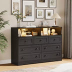 7 Drawer Dresser for Bedroom with LED Lights, Wooden Chest of Drawers with 2 Open Compartments and Charging Station for Closet, Entryway