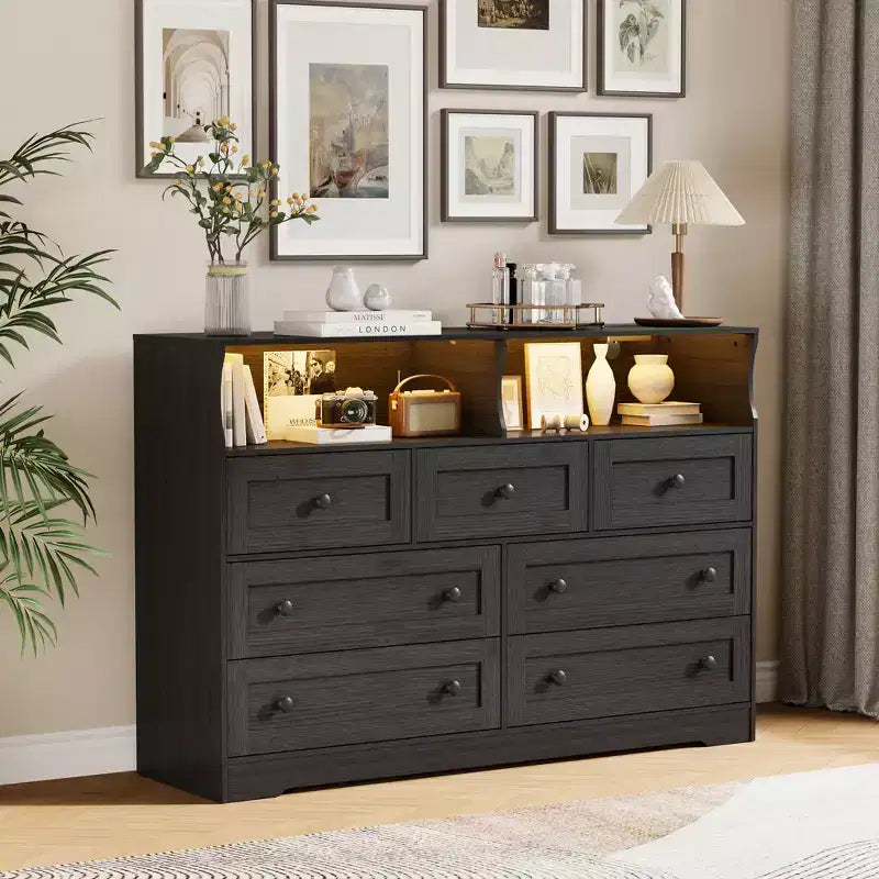 7 Drawer Dresser for Bedroom with LED Lights, Wooden Chest of Drawers with 2 Open Compartments and Charging Station for Closet, Entryway