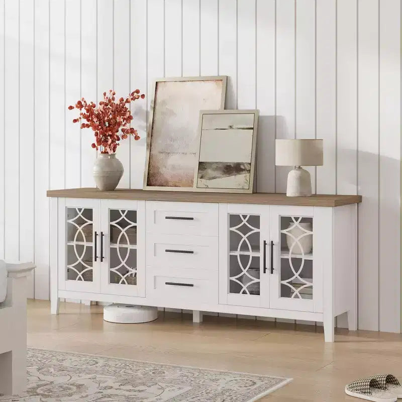 GustoWave Farmhouse TV Stand for 70 Inch,with Glass Door,2 Storage Door and 3 Drawer, Console Table with Shelves for Bedroom Living Room