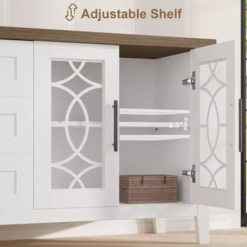 GustoWave Farmhouse TV Stand for 70 Inch,with Glass Door,2 Storage Door and 3 Drawer, Console Table with Shelves for Bedroom Living Room