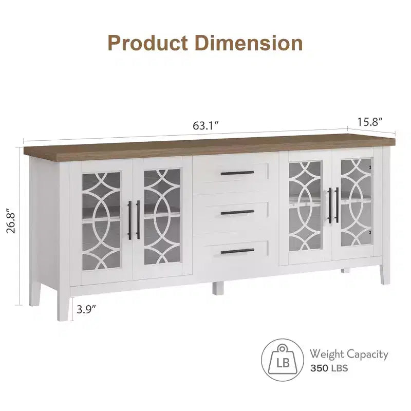 GustoWave Farmhouse TV Stand for 70 Inch,with Glass Door,2 Storage Door and 3 Drawer, Console Table with Shelves for Bedroom Living Room