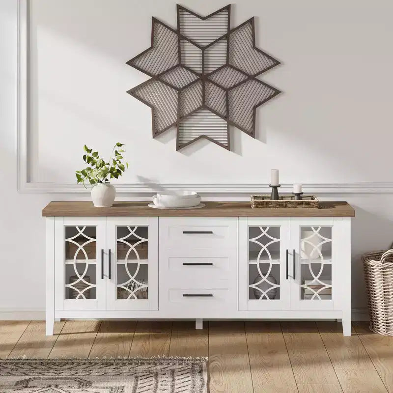 GustoWave Farmhouse TV Stand for 70 Inch,with Glass Door,2 Storage Door and 3 Drawer, Console Table with Shelves for Bedroom Living Room