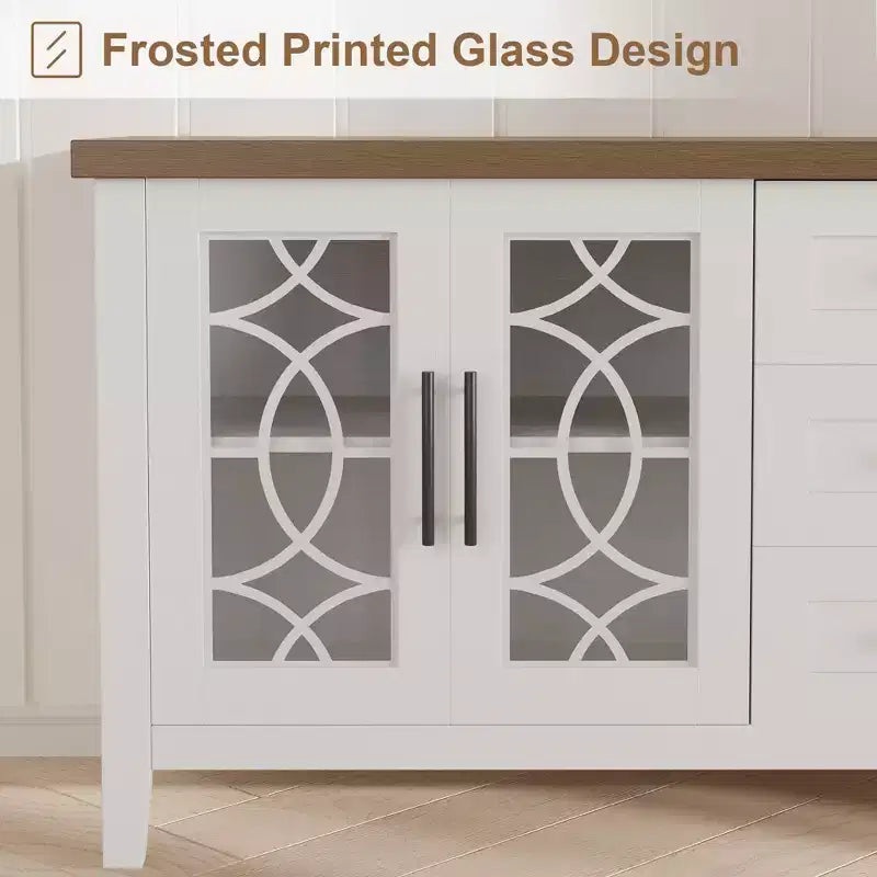 GustoWave Farmhouse TV Stand for 70 Inch,with Glass Door,2 Storage Door and 3 Drawer, Console Table with Shelves for Bedroom Living Room