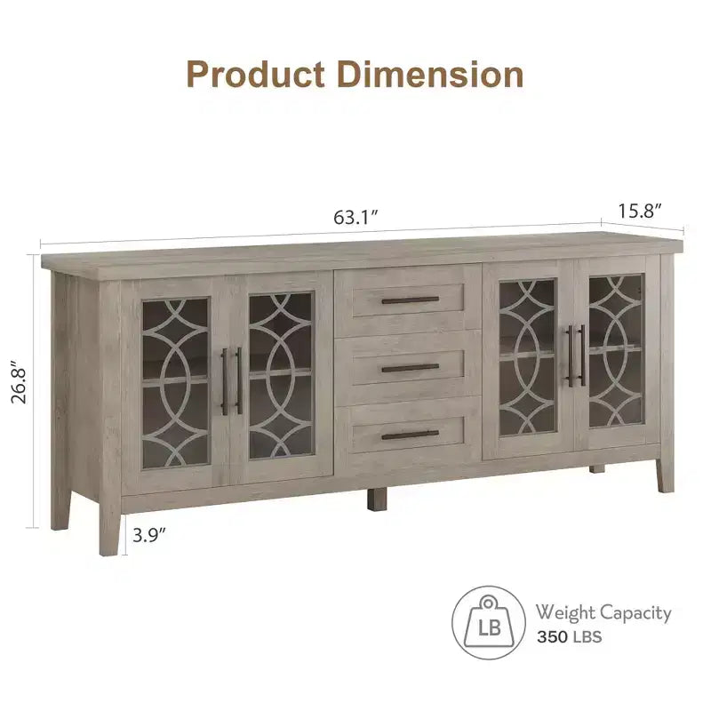GustoWave Farmhouse TV Stand for 70 Inch,with Glass Door,2 Storage Door and 3 Drawer, Console Table with Shelves for Bedroom Living Room