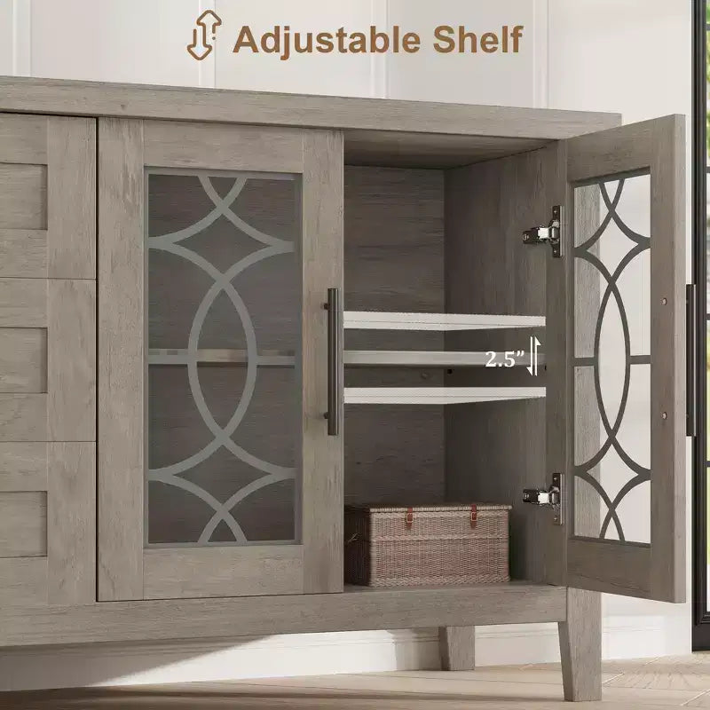 GustoWave Farmhouse TV Stand for 70 Inch,with Glass Door,2 Storage Door and 3 Drawer, Console Table with Shelves for Bedroom Living Room
