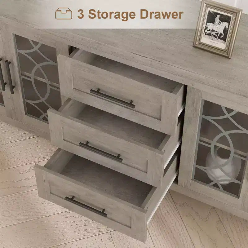 GustoWave Farmhouse TV Stand for 70 Inch,with Glass Door,2 Storage Door and 3 Drawer, Console Table with Shelves for Bedroom Living Room