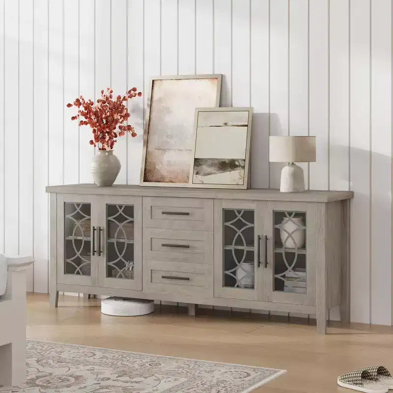 GustoWave Farmhouse TV Stand for 70 Inch,with Glass Door,2 Storage Door and 3 Drawer, Console Table with Shelves for Bedroom Living Room