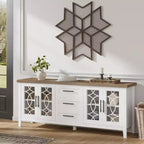GustoWave Farmhouse TV Stand for 70 Inch,with Glass Door,2 Storage Door and 3 Drawer, Console Table with Shelves for Bedroom Living Room
