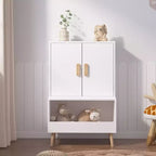 Whisen Kids Toy Storage Cabinet with Doors and Open Shelf, Modern Organizer with Natural Wood Legs - White