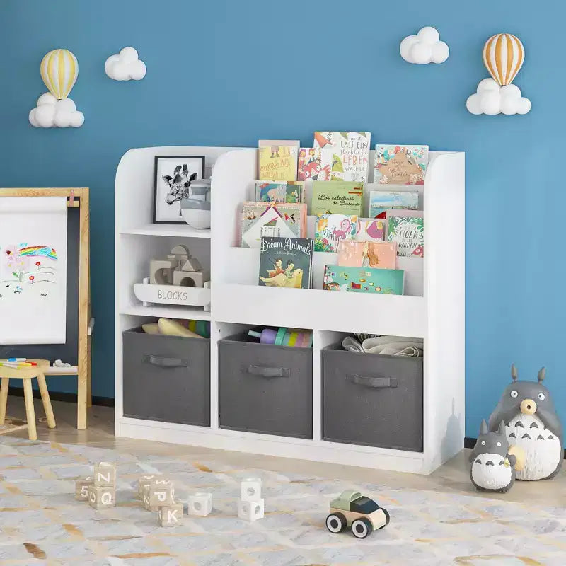JVNOXK-Children's Bookcase and Shelving Unit, Multi-Functional Bookcase with 3 Foldable Fabric Drawers, Display Shelf, Storage Rack (White/Gray)