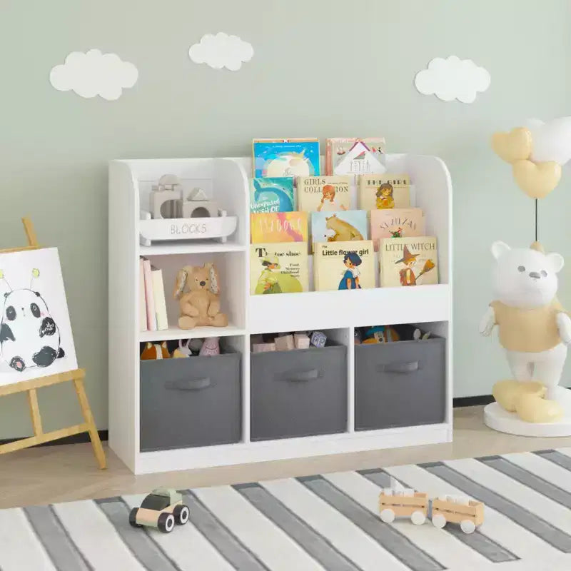 JVNOXK-Children's Bookcase and Shelving Unit, Multi-Functional Bookcase with 3 Foldable Fabric Drawers, Display Shelf, Storage Rack (White/Gray)