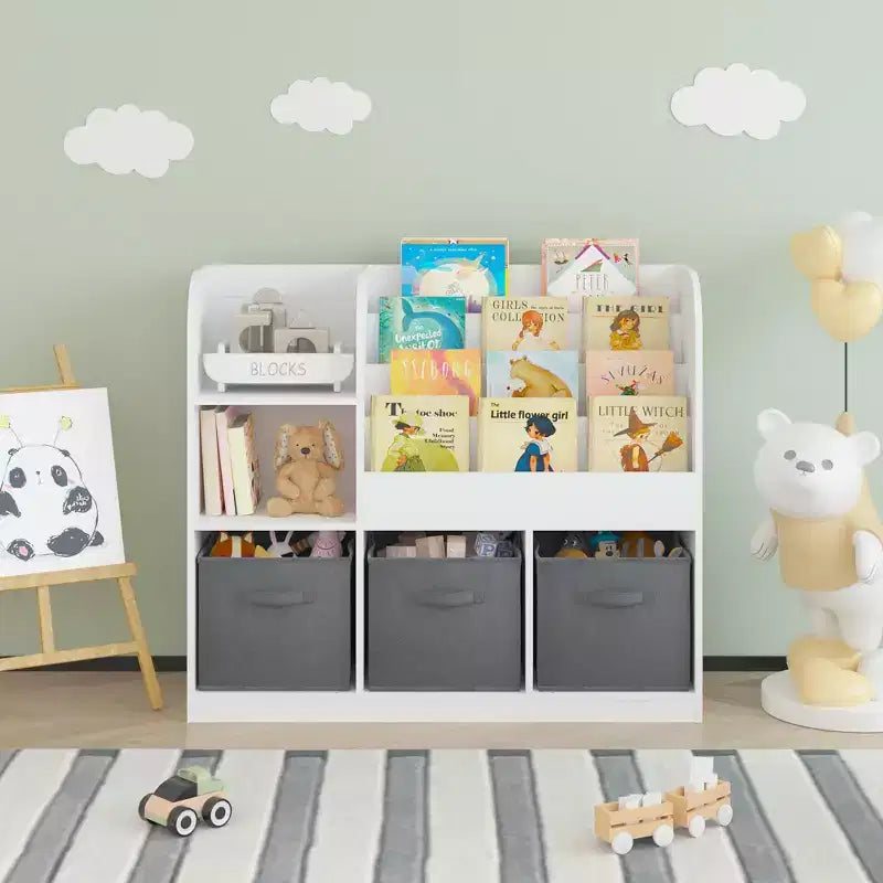 JVNOXK-Children's Bookcase and Shelving Unit, Multi-Functional Bookcase with 3 Foldable Fabric Drawers, Display Shelf, Storage Rack (White/Gray)