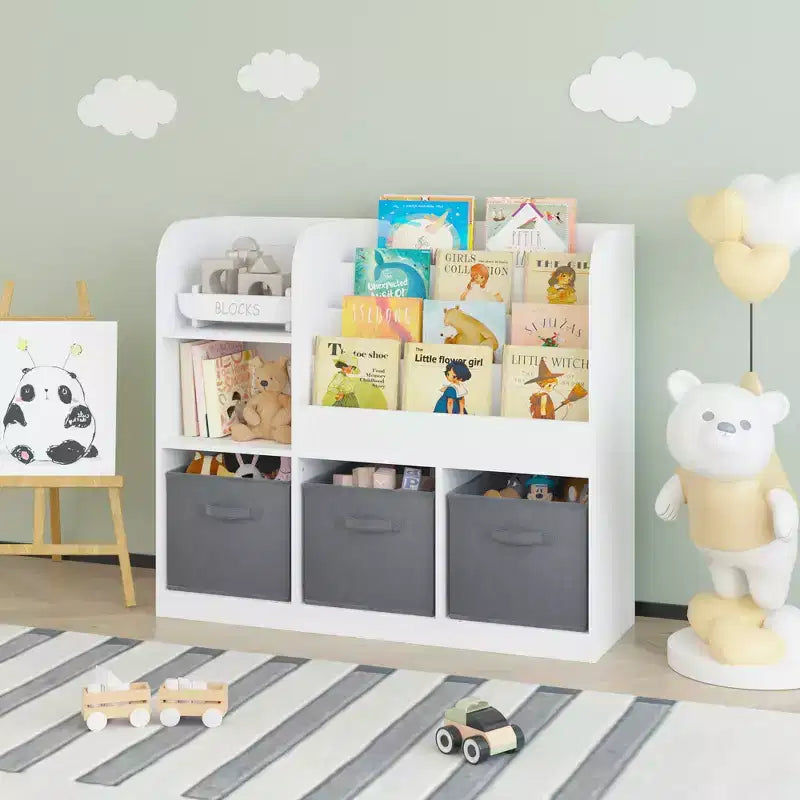 JVNOXK-Children's Bookcase and Shelving Unit, Multi-Functional Bookcase with 3 Foldable Fabric Drawers, Display Shelf, Storage Rack (White/Gray)