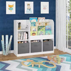 JVNOXK-Children's Bookcase and Shelving Unit, Multi-Functional Bookcase with 3 Foldable Fabric Drawers, Display Shelf, Storage Rack (White/Gray)