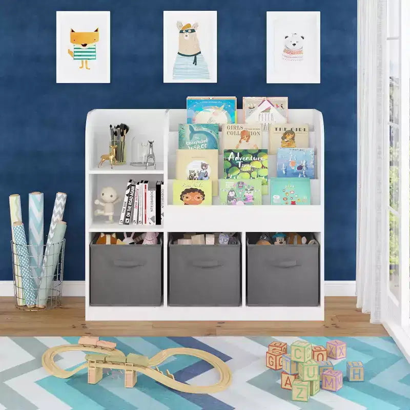 JVNOXK-Children's Bookcase and Shelving Unit, Multi-Functional Bookcase with 3 Foldable Fabric Drawers, Display Shelf, Storage Rack (White/Gray)