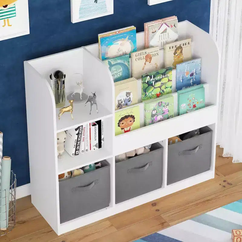 JVNOXK-Children's Bookcase and Shelving Unit, Multi-Functional Bookcase with 3 Foldable Fabric Drawers, Display Shelf, Storage Rack (White/Gray)