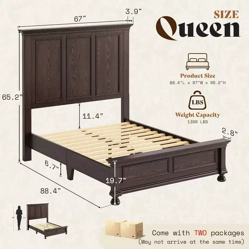 AMERLIFE Platform Bed Frame, Solid Wood with 65.2 Headboard, Heavy-Duty Slats, No Box Spring Required, Easy to Assemble