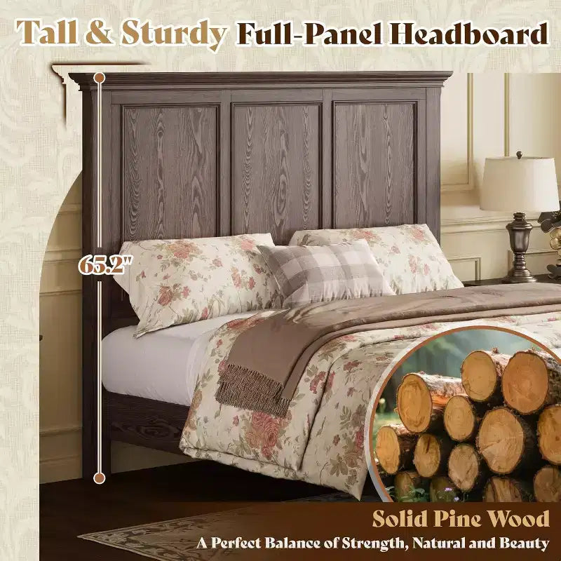AMERLIFE Platform Bed Frame, Solid Wood with 65.2 Headboard, Heavy-Duty Slats, No Box Spring Required, Easy to Assemble