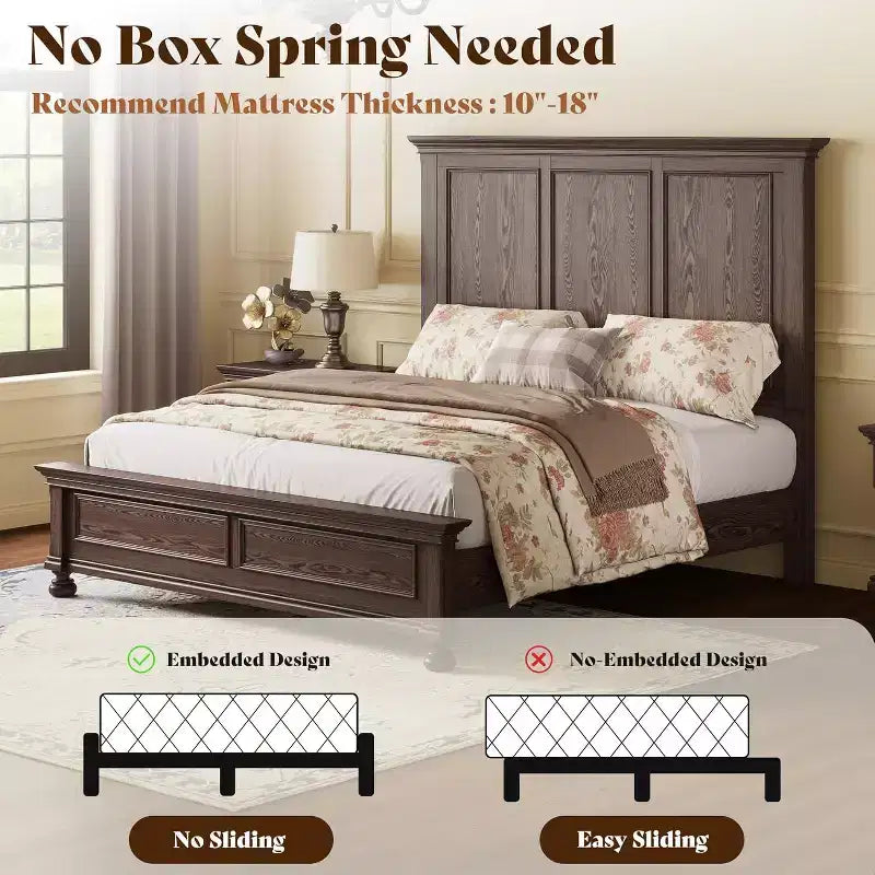 AMERLIFE Platform Bed Frame, Solid Wood with 65.2 Headboard, Heavy-Duty Slats, No Box Spring Required, Easy to Assemble