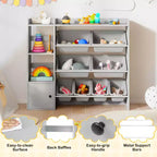 Costway Kids Toy Storage and Bookshelf, Wooden Bookcase with 4 Small Boxes & 4 Large Boxes Gray/White