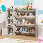 Costway Kids Toy Storage and Bookshelf, Wooden Bookcase with 4 Small Boxes & 4 Large Boxes Gray/White