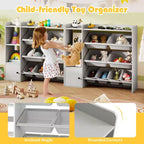 Costway Kids Toy Storage and Bookshelf, Wooden Bookcase with 4 Small Boxes & 4 Large Boxes Gray/White