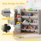 Costway Kids Toy Storage and Bookshelf, Wooden Bookcase with 4 Small Boxes & 4 Large Boxes Gray/White